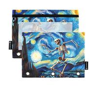 Astuccio con stampa artistica per raccoglitori a 3 anelli, divertente scheletro, danza, notte stellata, con cerniera, per matite, raccoglitori scolastici, tasche trasparenti, colori pastello, 24,9 x