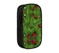 Astuccio con stampa di foglie e coccinelle, pratico astuccio multi-scomparto per ufficio, viaggi, scuola, arte e uso quotidiano, Nero , Taglia unica, Con tasca per il