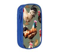 Astuccio con stampa di galline e gallo, pratico astuccio multi-scomparto per ufficio, viaggi, scuola, arte e uso quotidiano, Blu, Taglia unica, Con tasca per il