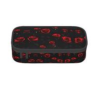 Astuccio con stampa di molte rose rosse e sfondo nero, portapenne di medie dimensioni con doppia cerniera per lavoro, carino