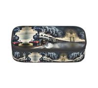 Astuccio con stampa di treno a vapore e nuvole, grande capacità, per adulti, borsa per cosmetici, nero, Nero , 8.3"x3.7"x2", Astuccio