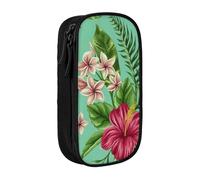 Astuccio con stampa hawaiana con foglie tropicali e fiori, pratico astuccio multi-scomparto per ufficio, viaggi, scuola, arte e uso quotidiano, Nero , Taglia unica, Con tasca per il