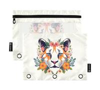 Astuccio con tigre con fiore arancione per raccoglitori a 3 anelli, con cerniera e finestra trasparente per ufficio, confezione da 2, Multicolore, one sizex2, Astuccio per matite