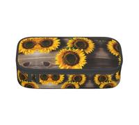 Astuccio con tre girasoli su legno stampato, portapenne di medie dimensioni con doppia cerniera per lavoro, carino