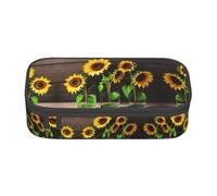 Astuccio con tre girasoli su legno stampato, portapenne di medie dimensioni con doppia cerniera per lavoro, carino
