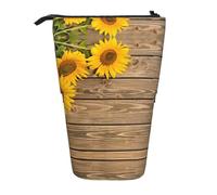 Astuccio con tre girasoli su supporto in legno, spazioso astuccio per matite e penne, per ufficio, per artisti, Nero , Taglia unica, Organizer per borse
