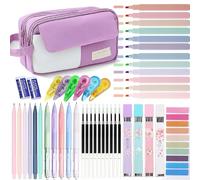 Astuccio da 42 pezzi con grande capacità e materiale scolastico estetico, 12 evidenziatori in pastello, 5 penne gel con inchiostro nero, 6 portamine, set di cancelleria (viola)