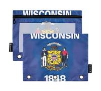 Astuccio da donna a 3 anelli, con cerniera, per la scuola, con tasche trasparenti, bandiera dello stato del Wisconsin, 24,9 x 18 cm, confezione da 2