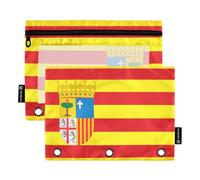 Astuccio da donna per 3 raccoglitori ad anelli, con cerniera, astuccio per penne in tessuto trasparente, astuccio per la scuola, bandiera Aragona, 24,9 x 18 cm, confezione da 2