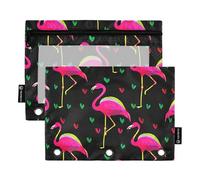 Astuccio da lavoro per 3 raccoglitori ad anelli, portapenne con cerniera con cerniera, tasche trasparenti per la scuola, con fenicotteri fluo, rosa, nero, 24,9 x 18 cm, 2 confezioni