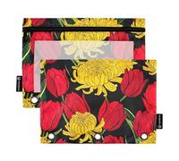 Astuccio da lavoro per raccoglitori a 3 anelli, con cerniera, astuccio per matite, penne, raccoglitori trasparenti per la scuola, tasche rosse, tulipani gialli, crisantemi neri, 24,9 x 18 cm, 2