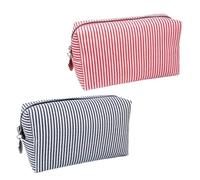 Astuccio da viaggio da donna a righe, 18 x 11 x 7 cm, custodia cosmetica portatile in morbido cotone trapuntato, grande astuccio per il trucco organizzatore con cerniera, per cosmetici, Rosso vivo +