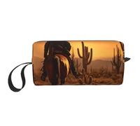 Astuccio da viaggio in tela con stampa di cactus del deserto occidentale con cowboys che cavalcano cavalli1, borsa per cosmetici multiuso con cerniera, bianco, Taglia unica