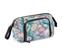 Astuccio di grande capacità, motivo sirenetta e una serie di fiori delicati, portapenne e cancelleria, per scuola, università, ufficio, per adolescenti, adulti e studenti, Ragazze sirena e una serie