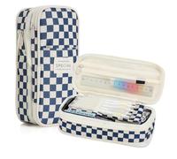 Astuccio di grande capacità per ragazze e adolescenti, grazioso astuccio a scacchiera con cerniera, astuccio per cancelleria per studenti, regalo per il rientro a scuola, blu