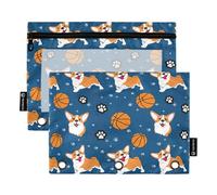 Astuccio estetico a 3 anelli Happy Corgi Dogs blu portapenne con cerniera per la scuola trasparente tasche carino 24,9 x 18 cm, 2 confezioni