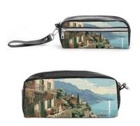 Astuccio estivo mediterraneo in pelle di grande capacità con cerniera, piccola borsa portatile per trucchi, organizer per forniture per ufficio, per donne e uomini