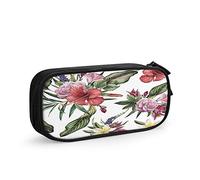 Astuccio floreale di grande capacità, con fiori di ibisco e foglie di palma tropicale, grande astuccio per riporre articoli di cancelleria per la scuola, per donne e uomini, verde e rosso, Multi-C217,