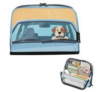 Astuccio grande capiente, 21,1 x 15 cm, motivo: cane che guida l'auto | Astuccio portapenne per scuola, ufficio e viaggio