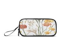 Astuccio grande capiente per studenti universitari con cerniera, astuccio per la scuola, multifunzione, fiori autunnali, narciso, garofano, fresia, bianco