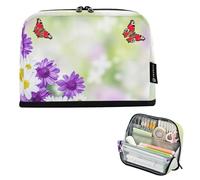 Astuccio grande con fiori e farfalle, viola, bianco, con cerniera, astuccio per matite e matite, per ragazze, personalizzato, per adulti e bambini, per il rientro a scuola