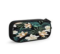 Astuccio grande con foglie di palma, fiore tropicale, floreale, pianta botanica, foglie di palma, grande astuccio per riporre articoli di cancelleria per la scuola, per donne e uomini, verde e bianco,