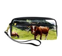 Astuccio grande con mucche al pascolo sul campo verde, organizer per cancelleria per studenti, astuccio a doppio strato con cerniera, borsa per cosmetici con manico, Multicolore