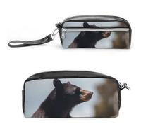 Astuccio grande con orso marrone, astuccio in pelle di grande capacità, con cerniera, piccola borsa per il trucco portatile, organizer per forniture per ufficio, per donne e uomini