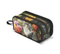 Astuccio grande per matite, grande capacità, portapenne con 3 scomparti, gatto grigio sul recinto del giardino, forniture scolastiche per ufficio, cancelleria, borsa per il trucco, organizer per