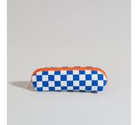 Astuccio in cotone biologico con cerniera arancione e stampa a scacchi blu e bianchi
