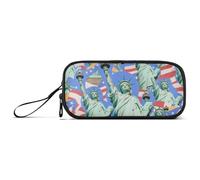 Astuccio in nylon blu con motivo Statua della Libertà, con cerniera, ad alta capacità, per bambini elementari