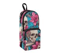 Astuccio in nylon con 3 scomparti con teschio umano e fiori di giglio rosa acceso, per studio dei bambini, astuccio multifunzionale con cerniera, cancelleria per Preppy College, 1600 ml