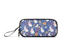 Astuccio in nylon con coniglietti e fiori blu, con cerniera, grande capacità, organizer per cancelleria per ragazze