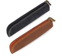 Astuccio in pelle, 2 pezzi, sottile, portatile, piccolo, piatto, morbido, con cerniera, semplice borsa per trucco, per donne, uomini, casa, ufficio, viaggi all'aperto (nero, marrone)