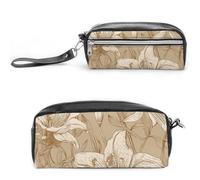 Astuccio in pelle beige con disegno a linea, grande capacità, con cerniera, piccola borsa portatile per trucchi, organizer per forniture per ufficio, per donne e uomini