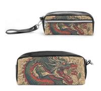 Astuccio in pelle beige con motivo drago, grande capacità, con cerniera, piccola borsa per il trucco portatile, organizer per forniture per ufficio per donne e uomini