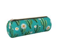 Astuccio in pelle, borsa rotonda per matite, organizer per penne con cactus e margherite, astuccio portatile con cerniera, grazioso accessorio scolastico per ragazze e ragazzi, per lo studio e l'uf