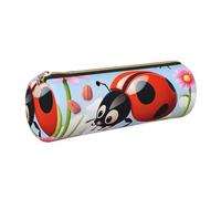 Astuccio in pelle con cerniera, portapenne estetico con coccinella in stile cartone animato, astuccio per donne e uomini, realizzato a mano, multifunzione, da viaggio, per cosmetici, per lavoro