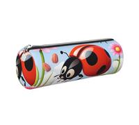 Astuccio in pelle con cerniera, portapenne estetico con coccinella in stile cartone animato, astuccio per donne e uomini, realizzato a mano, multifunzione, da viaggio, per cosmetici, per lavoro