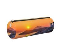 Astuccio in pelle con cerniera, portapenne estetico con isola della Grecia, tramonto, paesaggio, per donne e uomini, realizzato a mano, multifunzionale, da viaggio, per cosmetici, lavoro, ufficio, Oro