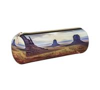 Astuccio in pelle con cerniera, portapenne estetico con paesaggio della Monument Valley, per donne e uomini, astuccio multiuso da viaggio realizzato a mano, astuccio per cosmetici da viaggio per