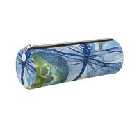 Astuccio in pelle con cerniera, portapenne estetico dipinto a mano, con libellula blu, per donne e uomini, realizzato a mano, multifunzionale, da viaggio, per cosmetici, lavoro, ufficio, Argento