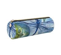 Astuccio in pelle con cerniera, portapenne estetico dipinto a mano, con libellula blu, per donne e uomini, realizzato a mano, multifunzionale, da viaggio, per cosmetici, lavoro, ufficio, Oro, Taglia