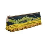 Astuccio in pelle con girasole sopra la montagna e i campi, piccolo e comodo da trasportare, astuccio da donna alla moda triangolare in pelle, multifunzionale con cerniera, scatola portaoggetti da