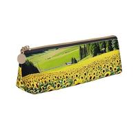 Astuccio in pelle con girasole sopra le montagne e i campi, piccolo e comodo da trasportare, astuccio da donna alla moda triangolare in pelle, multifunzionale con cerniera, scatola portaoggetti da