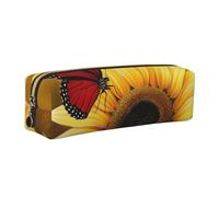 Astuccio in pelle con girasoli gialli con stampa di farfalle rosse, astuccio portatile per cancelleria e matite, design sottile, con cerniera dorata, tascabile, per studenti, ufficio, università