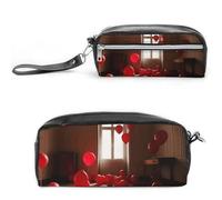 Astuccio in pelle con palloncini rossi nella stanza, grande capacità, con cerniera, piccola borsa per il trucco portatile, organizer per forniture per ufficio per donne e uomini