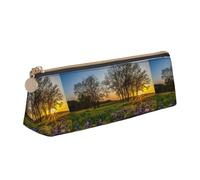 Astuccio in pelle con stampa a triangolo con prato di lavanda al tramonto e primaverile, astuccio per penne e cosmetici, organizer per cancelleria da scrivania, per ufficio, donne e uomini
