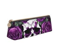 Astuccio in pelle con stampa di scheletro di rosa viola, grande capacità, astuccio liscio con cerniera, astuccio per penne e trucchi per scuola