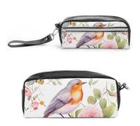 Astuccio in pelle con stampa floreale ad acquerello con pettirosso, grande capacità, con cerniera, piccola borsa per il trucco portatile, organizer per forniture per ufficio per donne e uomini